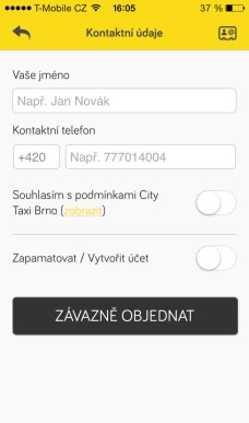 Mobilní aplikace taxi a vyplnování kontaktních údajů